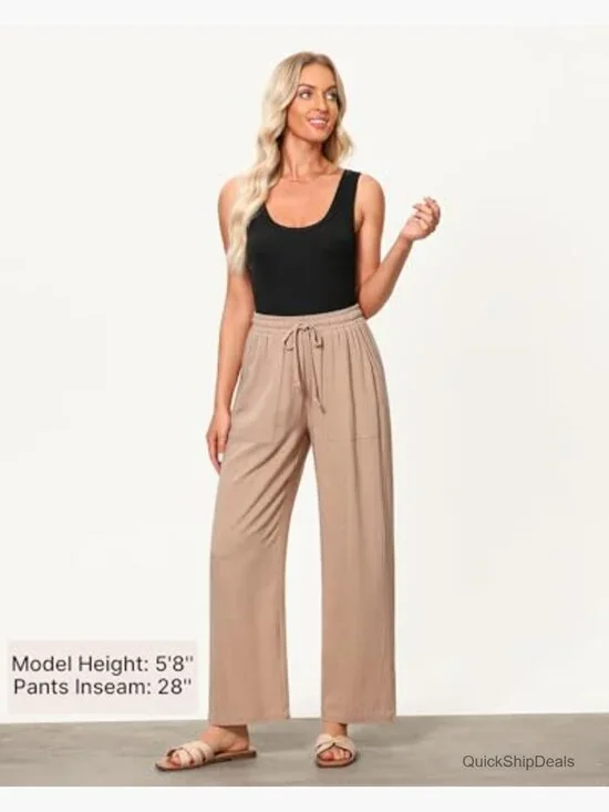 Linen Wide Leg Pants High Waisted Drawstring Elastic Waist Palazzo Trousers - Picture 4 of 7